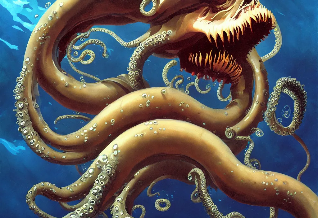 Image similar to Underwater Tentacle Pandomonium;Art by Greg Manchess, Art Direction by Jeremy Jarvis; painting spiraling inward; Deep sea horror; teeth and eyes; illustration