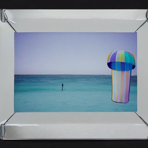 Prompt: a pastel colour high fidelity wide angle Polaroid art photo from a holiday album at a seaside with abstract inflatable parachute furniture, all objects made of transparent iridescent Perspex and metallic silver, no people, iridescence, nostalgic