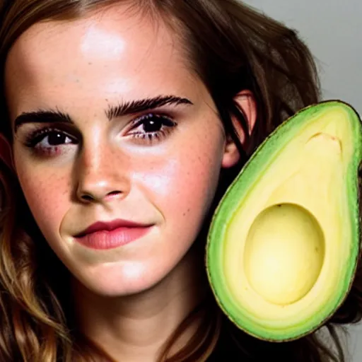 Image similar to portrait photograph of emma watson an an avocado