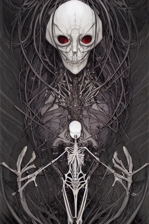 Image similar to artgerm, joshua middleton, mucha, beksinski, moebius, heavy metal comic cover art, psychedelic triangular skeletal calcification fungus lich, full body, hollow eyes, symmetrical face, long black crown, in a dungeon background, moody dark colors