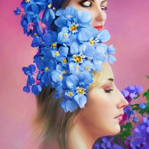 Image similar to a portrait of a romantic woman with flowers grow out of hair, roses peonies forget-me-nots dahlias lupins gladioli, sky theme in background, by Alexandr Averin, Digital Art, Trending on artstation