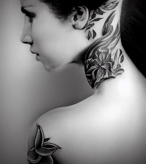 Prompt: tattoo design sketch of an extremely beautiful woman face, faded background of beautiful mountains on her side, hyper - realistic, double exposure effect, in the style of matteo pasqualin, amazing detail, black and white, faded