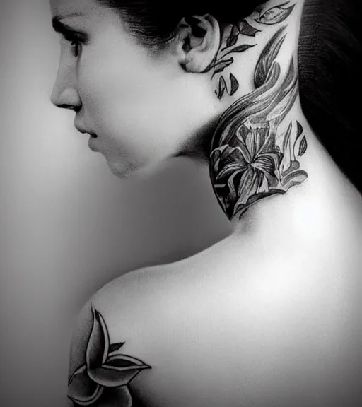 Image similar to tattoo design sketch of an extremely beautiful woman face, faded background of beautiful mountains on her side, hyper - realistic, double exposure effect, in the style of matteo pasqualin, amazing detail, black and white, faded