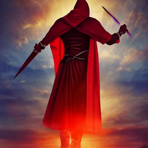 Image similar to man wearing a cloak and holding two red daggers, cinematic, sunset, medieval city background, painting, art
