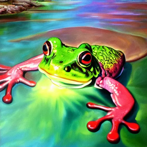 Image similar to photorealistic painting of a giant rainbow frog jumping across a pond on a sunny day, dream filter, award winning art, trending on artstation, 4 k, 8 k