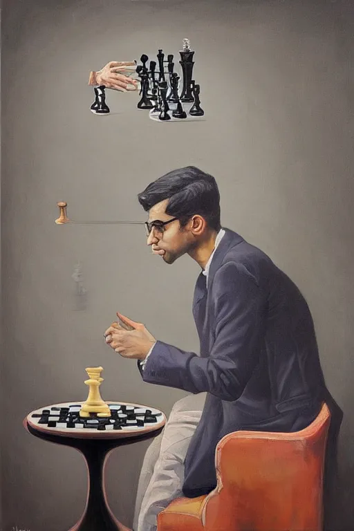 a painting of anish giri pondering over a chess board,, Stable Diffusion