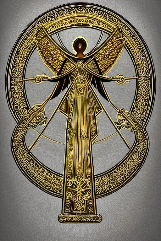 Image similar to Old kabbala symbol of archangel Gabriel. Symbol made out of metal. Cooper lining ,intricate, elegant, highly detailed, digital painting, design artstation, concept art, smooth, sharp focus, illustration