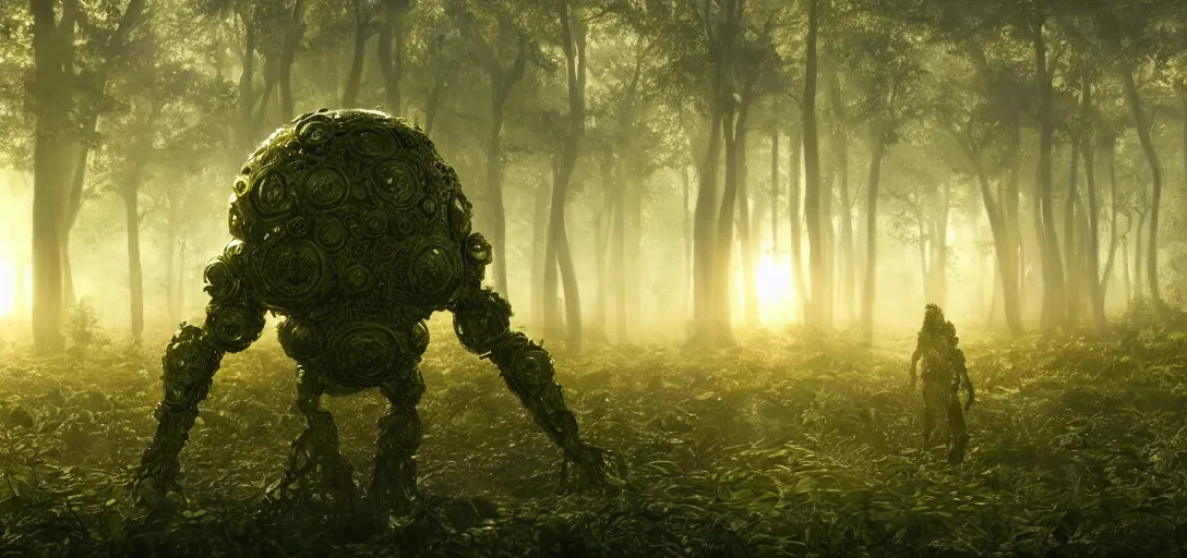 Prompt: a complex organic fractal 3 d metallic symbiotic ceramic humanoid megastructure creature in a swampy lush forest, foggy, sun rays, cinematic shot, photo still from movie by denis villeneuve, wayne barlowe