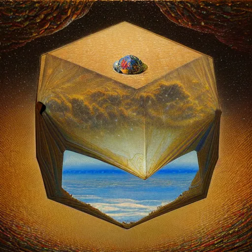 Prompt: a highly detailed oil painting of an icosahedron floating above a lake, Agostino Arrivabene