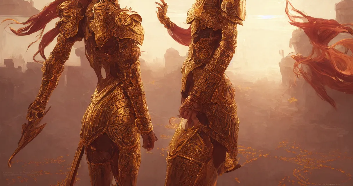 Prompt: knights of zodiac girl, golden and copper armor, karate show in ruined agora of athens sunrise, ssci - fi and fantasy, intricate and very very beautiful and elegant, highly detailed, digital painting, artstation, concept art, smooth and sharp focus, illustration, art by tian zi and wlop and alphonse mucha