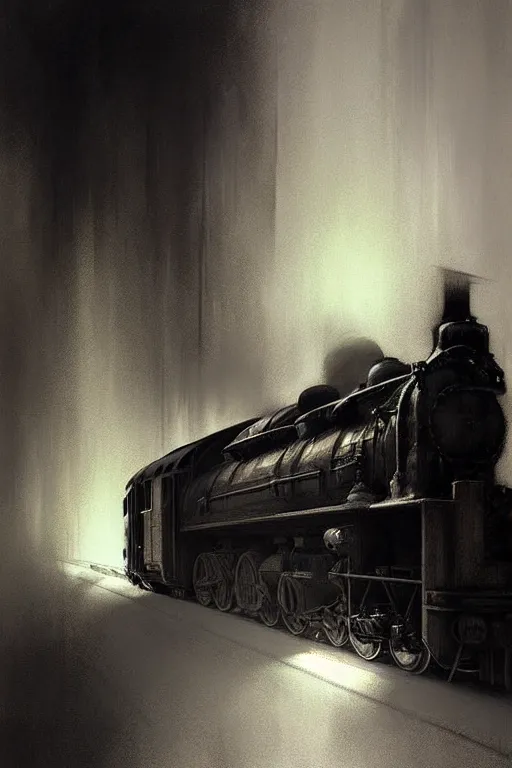 Image similar to hyperrealist pencil sketch of a train by jeremy mann and alphonse mucha, fantasy art, drawing, dynamic lighting, artstation, poster, volumetric lighting, very detailed faces, 4 k, award winning