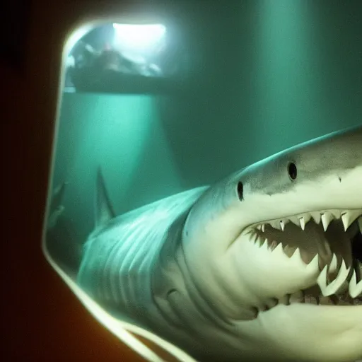 Image similar to photo of a giant shark smiling, trending on artstation, dark atmospheric lighting rear view, 8 k