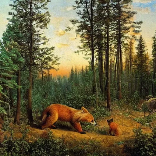 Image similar to shishkin's painting, morning in a pine forest. but instead of bears there are foxes. the picture is over - detailed. canvas, oil. what is a masterpiece.