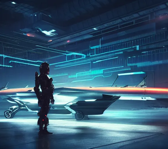 Image similar to fighter pilot stands beside futuristic sci fi fighter jet landed at runway of cyberpunk city, night photo ,dark cinematic lighting , digital concept art