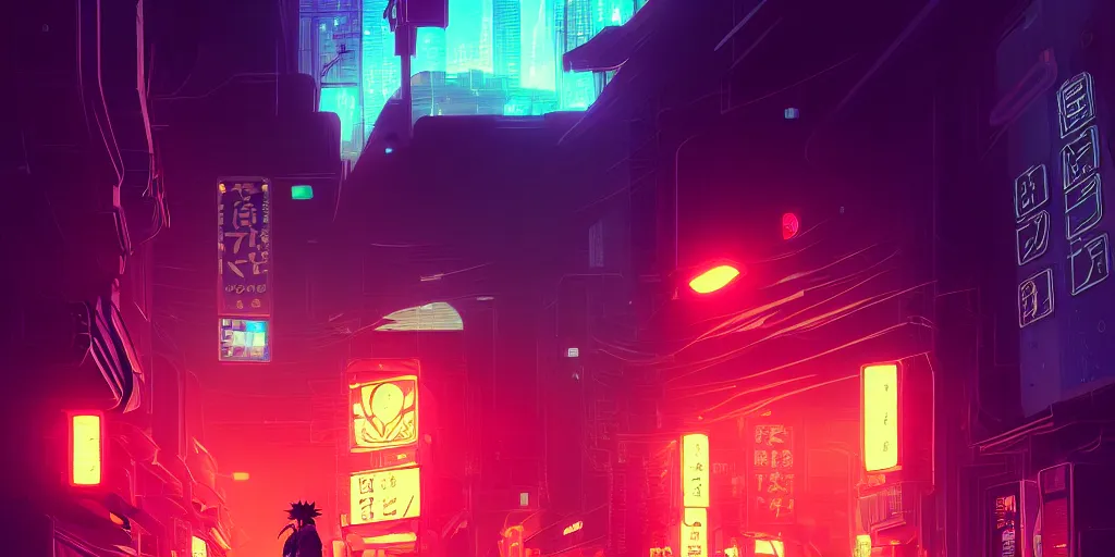 Image similar to digital illustration closeup portrait of cyberpunk samurai in city street at night by makoto shinkai, ilya kuvshinov, lois van baarle, rossdraws, basquiat | afrofuturism, in the style of hearthstone, trending on artstation | cool color scheme