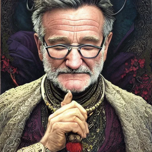 Prompt: an ultradetailed portrait of robin williams dressed as sheogorath, d & d, fantasy, intricate, elegant, highly detailed, digital painting, matte, sharp focus, illustration, art by john collier and albert aublet and krenz cushart and artem demura and alphonse mucha