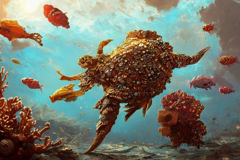 Image similar to beautiful painting of a huge caretta wearing an armour of jewels incrusted with golden beetles in vast ocean coral reef, water bubbles, intricate details, jewel fishes, realistic shaded , steampunk, highly detailed, artstation, illustration by Greg Rutkowski and Ruan Jia , octane render, 4k, dynamic light, volumetric light, neon lights, cinematic mood