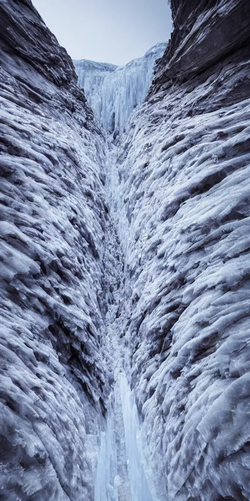 Image similar to a frozen canyon, covered in ice, in the style of reuben wu,