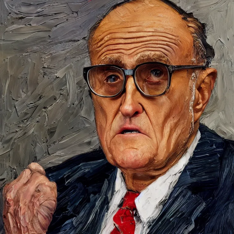 Image similar to warmly lit close up studio portrait of aging old Rudy Giuliani age 115 wrinkled furious, impasto oil painting thick brushstrokes by Lucian Freud and Cy Twombly and Tim Hawkinson , trending on artstation dramatic lighting Expressionism