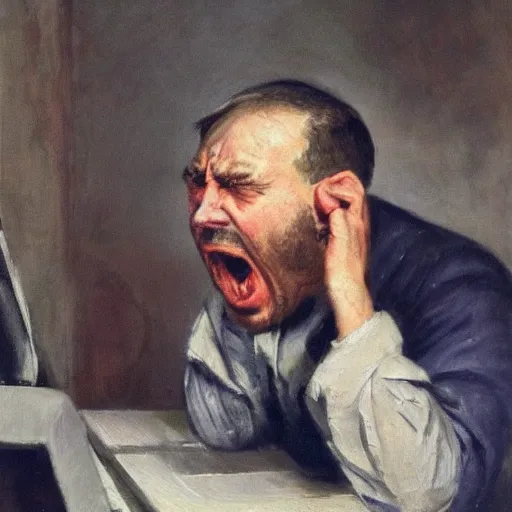 Image similar to an angry man yells at his computer monitor, oil on canvas, 1 8 8 3, highly detailed