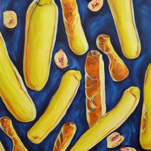 Image similar to baguettes on a banana palm, intricately detailed acrylic painting