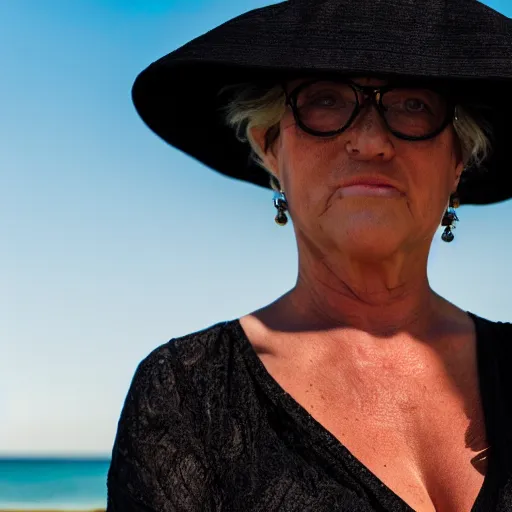 Prompt: 4 k, high quality, highly detailed, award winning photograph of a middle - aged women in a black sundress, black veil, black sun hat staring at the camera
