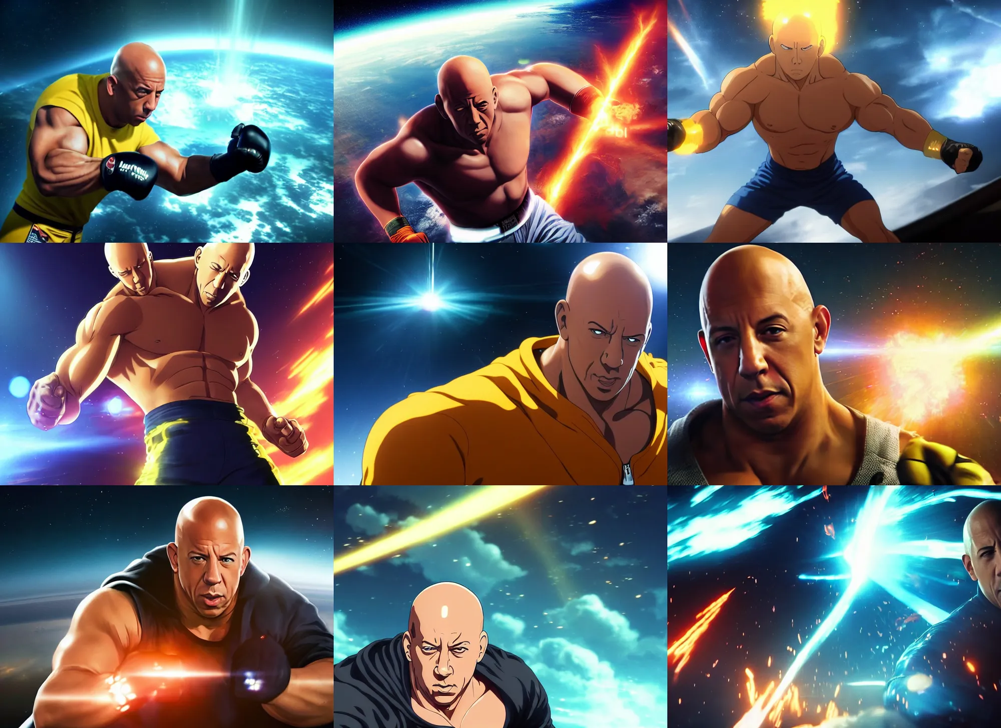 Prompt: extreme long shot of vin diesel as saitama punching!!! a car!!!!!! into space, ultra realistic, lens flare, atmosphere, glow, detailed, intricate, full of colour, cinematic lighting, trending on artstation, 4 k, hyperrealistic, focused, extreme details, unreal engine 5, cinematic, masterpiece