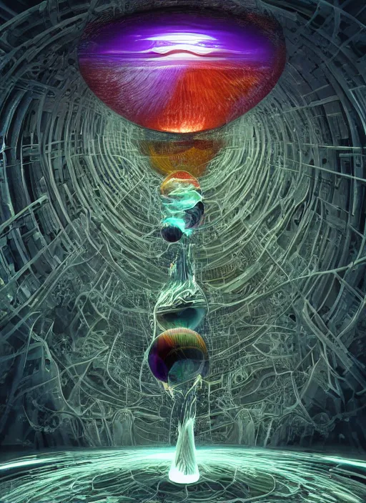 Prompt: the machine universe encounters a living cosmos inside an asymmetric orthogonal non - euclidean upside down inside out world with an infinite cosmic spiral waterfall of living information, inspired by android jones, hyperrealistic, digital art, futuristic sci - fi concept art, rendered in cinema 4 d, cryengine 4 k