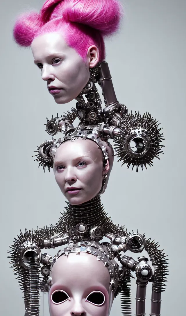 Image similar to portrait of a biomechanical goddess wearing a steel spikes studded iridescent beauty mask and pink hair buns, wearing a black bodysuit by alexander mcqueen, cream white background, soft diffused light, biotechnology, humanoid robot, perfectly symmetric, bjork aesthetic, translucent, by rineke dijkstra, intricate details, highly detailed, masterpiece,