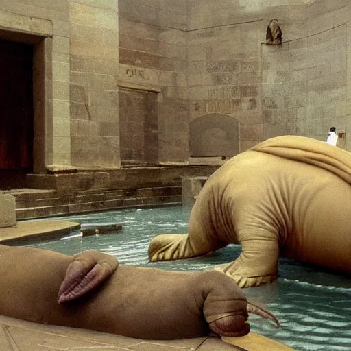 Image similar to a walrus with two tails laying in a old roman bathhouse