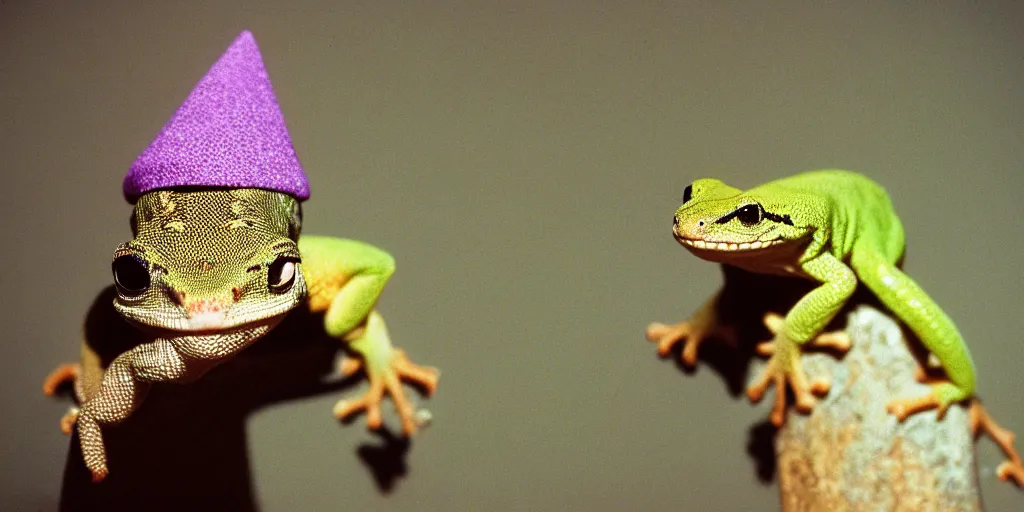 Prompt: 1980s 35 mm depth of field photo of a gecko wearing a wizard hat