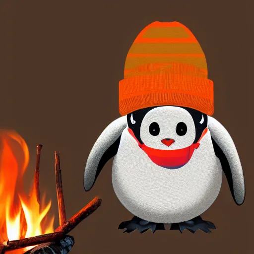 Image similar to A penguin wearing a beanie sitting next to a campfire with a cup of coffee by Sanrio