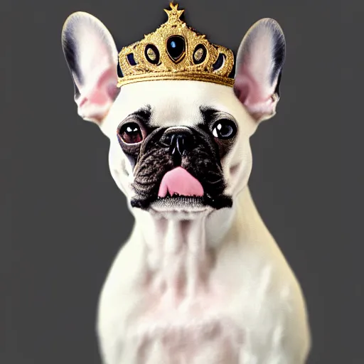 Image similar to a renaissance style portrait painting of a small mostly white female french bulldog, wearing a crown and cape, dark background. trending on artstation.