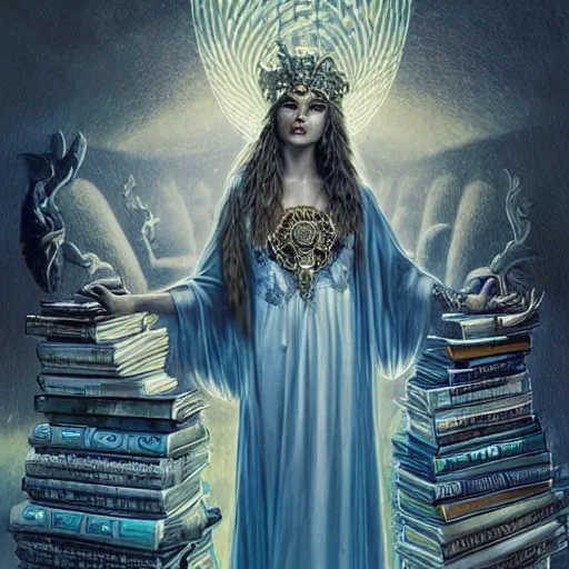 Image similar to a portrait of ornella muti as the goddess minerva surrounded by stacks of books, bioluminescent gown with deep level of detail of esoteric symbols, urban motifs, intricate, elegant, highly detailed, digital painting, trending on artstation, concept art, smooth sharp focus, illustration, art by artgerm and greg rutkowski