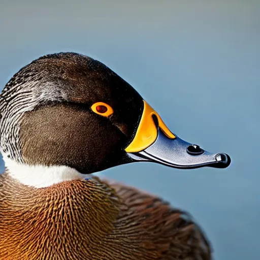 Image similar to A high detail closeup shot of a duck wearing a suit