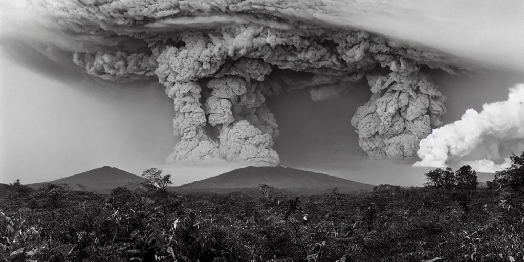 Prompt: a Sebastião Salgado's photograph of landscape of a forest near an erupting volcano