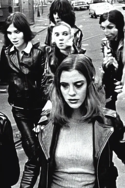 Prompt: attractive young woman, center focus, wearing leather jacket, in city street, film still from martin scorcese's taxi driver ( 1 9 7 6 )