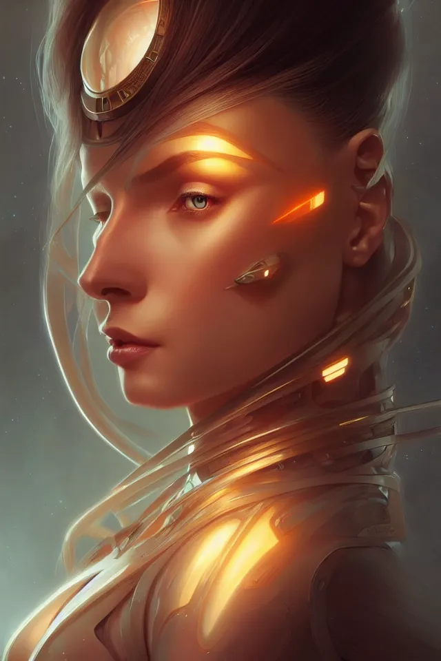 Image similar to futuristic woman portrait, sci-fi, amber eyes, face, long hair, fantasy, intricate, elegant, highly detailed, digital painting, artstation, concept art, smooth, sharp focus, illustration, art by artgerm and greg rutkowski and alphonse mucha