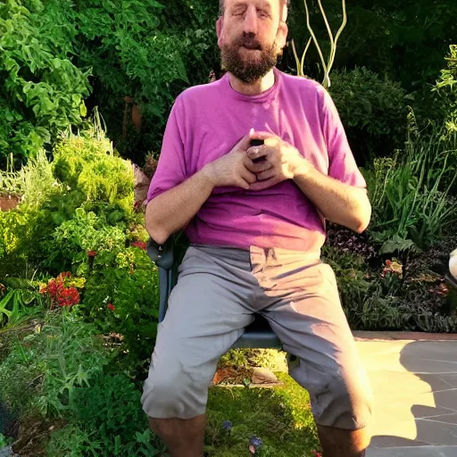 Image similar to My giga Chad dad is smoking weed and have good time being gracefully relaxed in the garden, sunset lighting