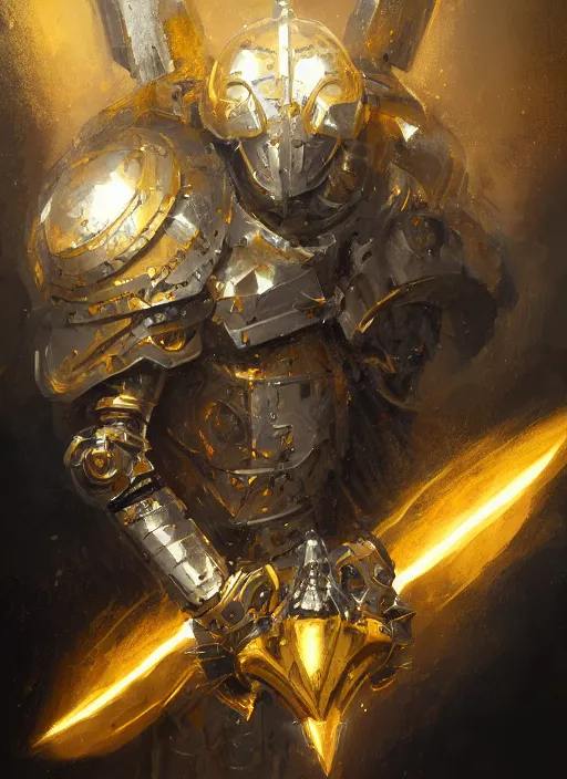 Prompt: dynamic abstract portrait of a intricate glorious holy mechanical warforged character in yellow armor holding a paladin engraved great longsword drawn and carrying a big paladin shield, spotlight from face , epic , trending on ArtStation, masterpiece, cinematic lighting, by Ross Tran and by Greg Rutkowski