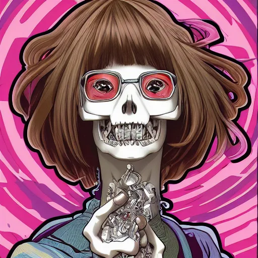 Prompt: anime manga skull portrait girl female dora the explorer skeleton illustration hyperrealistic art Geof Darrow and will cotton alphonse mucha pop art nouveau