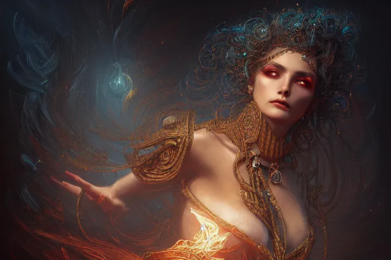 Prompt: Magician, female, fantasy, bangles, explosion, dramatic, intricate, elegant, highly detailed, digital painting, artstation, concept art, smooth, sharp focus, illustration, art by Gustave Dore, octane render