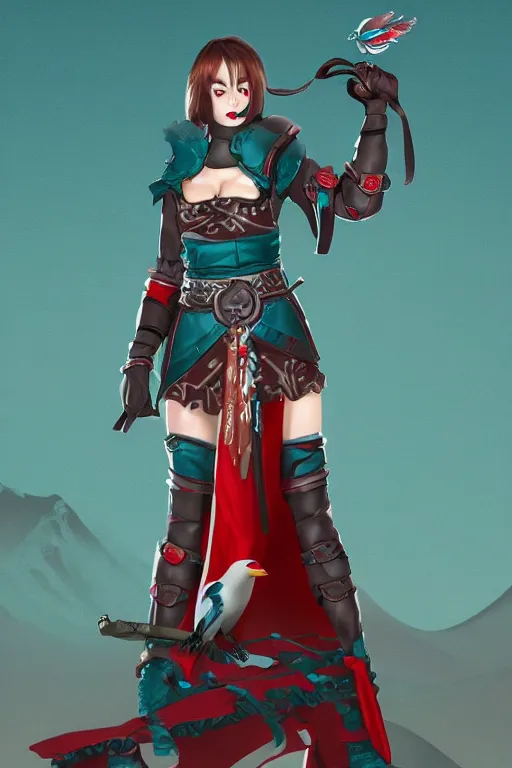 Image similar to female adventurer in tight full - body teal leather armor of japanese design with red accents and a white porcelain crow mask, trending in artstation, japanese, artstation, big moon in the background, establishing shot