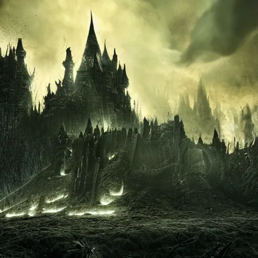 Image similar to hyperrealistic photograph of the black castle of rotbog swamp burned to the ground, fire, giant bones, dim volumetric lighting, octane beautifully detailed render, extremely hyper detailed, intricate, epic composition, cinematic lighting, masterpiece, trending on artstation, very detailed, stunning, hdr, smooth, sharp focus, high resolution, award, winning photo