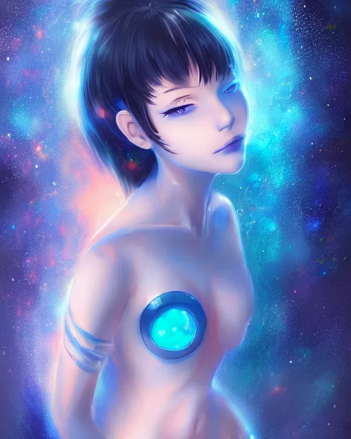 Image similar to A realistic anime portrait of a beautiful cosmic woman with glowing blue eyes and skin made of universes wearing clothes made of galaxies, digital painting, by Stanley Artgerm Lau, Sakimichan, WLOP and Rossdraws, digtial painting, trending on ArtStation, SFW version