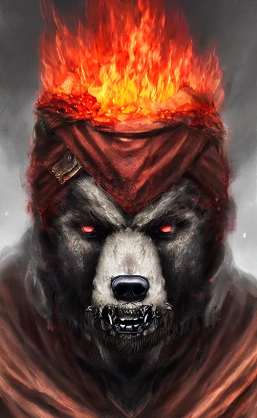 Prompt: Portrait of a bear beast-man wearing a turban with fire in his eyes wear, bloodborne concept art, trending on Artstation, photorealistic image, 8k.