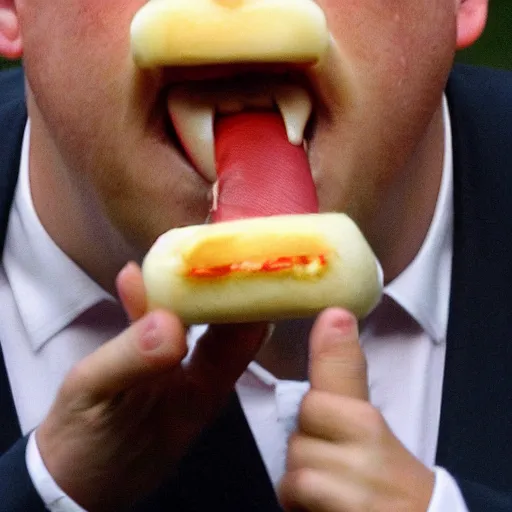 Image similar to boris johnson eating a hotdog mouth wide open, side profile