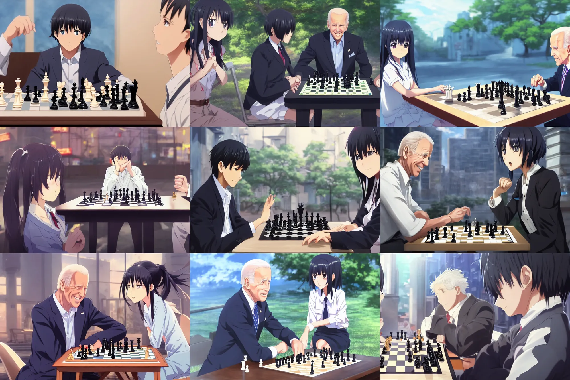 Prompt: photorealistic Joe Biden playing chess with a beautiful smiling anime girl with black hair outside, anime key visual, digital art, anime screenshot, kyoto animation, makoto shinkai, trending on artstation