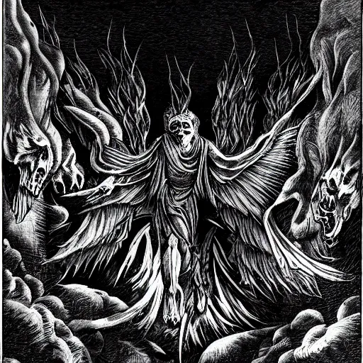 Image similar to gibbon descending from heaven, in the style of deathspell omega's fas album cover, illustration, detailed