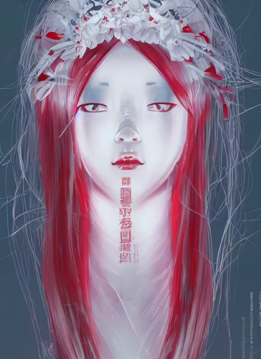 Image similar to albino maiko with very long kawaii hair, fluent composition, red and white neon, concept art, ambient light, 4 k, intricate details, highly professionally detailed, cgsociety, highly detailed -
